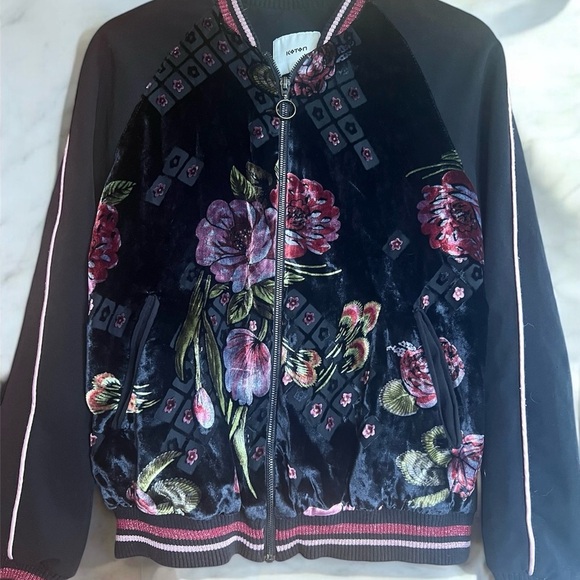 Koton Jackets & Blazers - Black and Pink Floral Bomber Jacket Velvet Finish